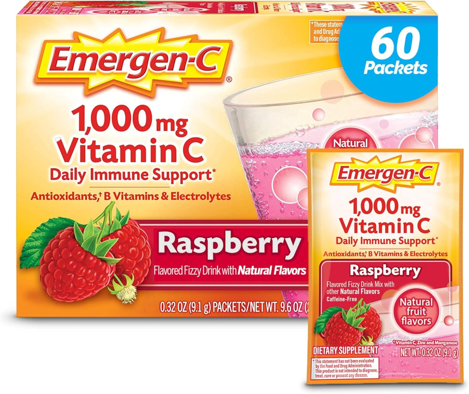 Emergen-C 1000mg Vitamin C Powder, with Antioxidants, B Vitamins and Electrolytes, Vitamin C Supplements for Immune Support, Caffeine Free Drink Mix, Raspberry Flavor - 30 Count(Pack of 2)