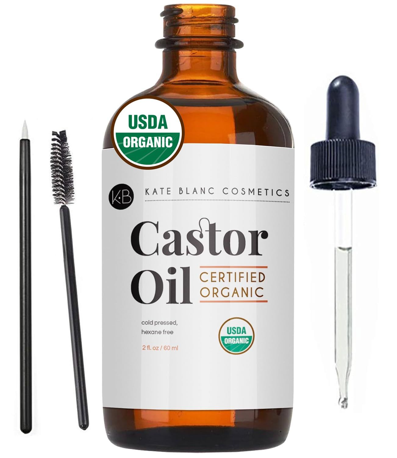Kate Blanc Cosmetics Castor Oil Organic (2oz), 100% Pure, Cold Pressed, Hexane Free. Stimulate Growth for Hair, Eyelashes, Eyebrows. Hair Treatment Starter Kit &amp; Skin Moisturizer