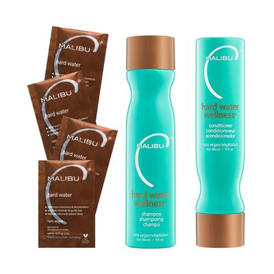 Malibu C Hard Water Wellness Collection - Hard Water Shampoo and Conditioner + Hard Water Mask Packets - Removes Hard Water Deposits &amp; Impurities from Hair - Hydrating Hair Care (6 Ct)