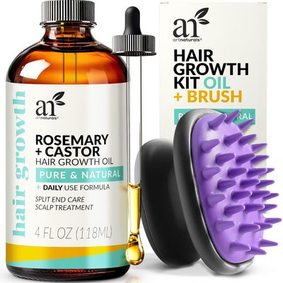 Artnaturals Organic Rosemary Castor Hair Oil + Massager Hair Growth Set Hair Growth Oil 4 ounces with Coconut &amp; Olive Oil for Dry, Damaged &amp; Split End