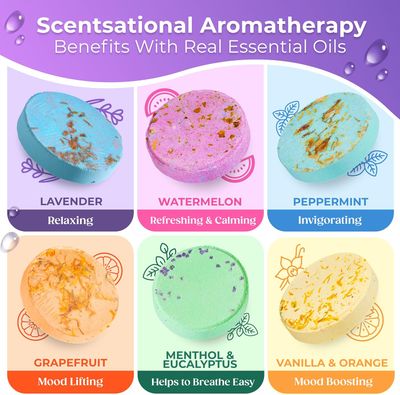Cleverfy Shower Steamers Aromatherapy - Christmas Gifts for Women and Stocking Stuffers for Adults and Teens. Box of 6 Premium Self Care Shower Bombs with Essential Oils. Purple Set
