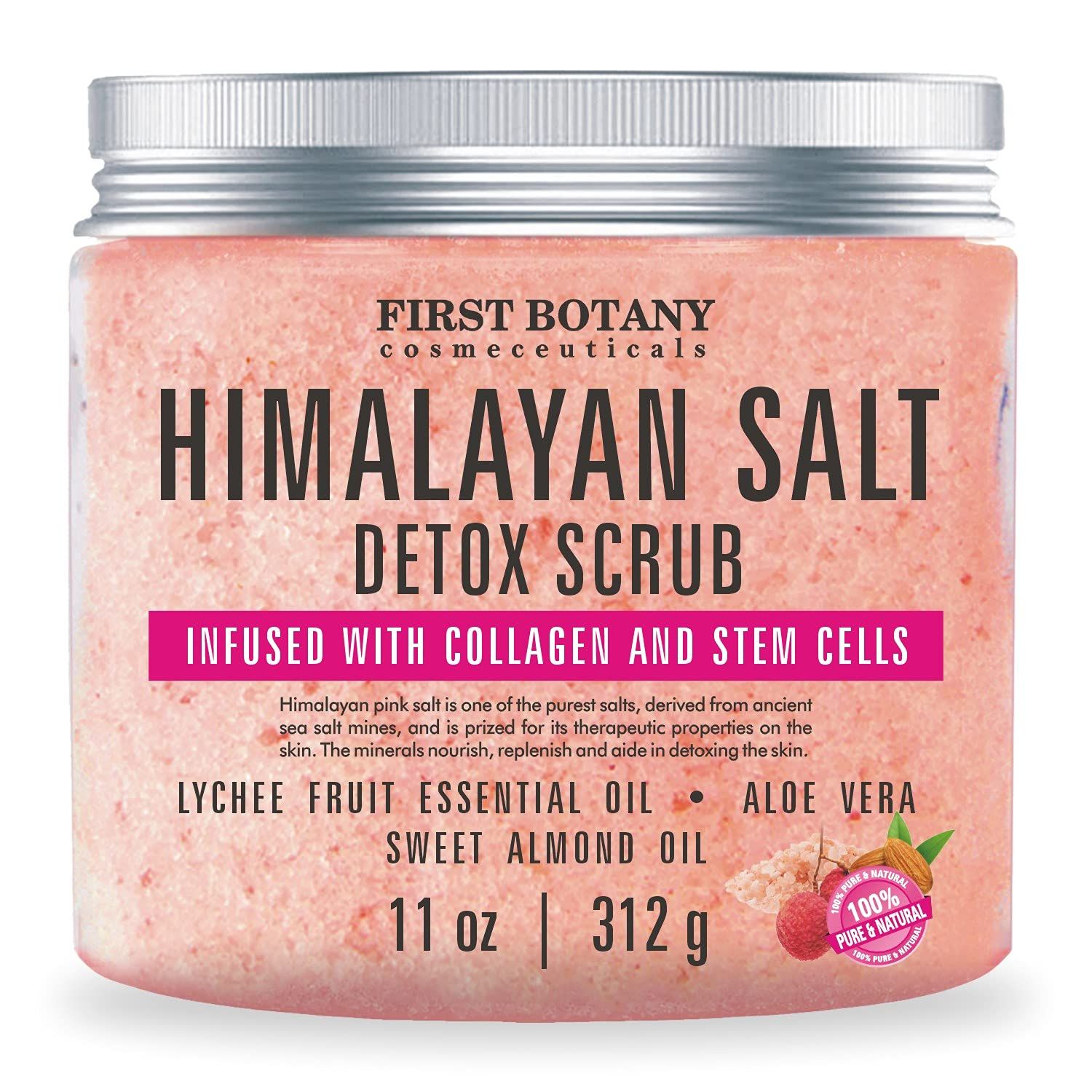 First Botany, Himalayan Salt Body Scrub with Collagen &amp; Stem Cells, Natural Exfoliating Salt Scrub Body &amp; Face Souffle helps with Moisturizing Skin, Acne, Cellulite, Dead Skin Scars, Wrinkles, 11 oz