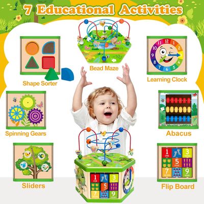 Wooden Activity Cube for 1 Year old, 12-18 Month Boys &amp; Girls, 7-in-1 STEM Montessori Early Developmental Learning Toys for Kids Aged 1-2, Ideal 1st Birthday Gift Toys for Baby, Toddlers (Green)