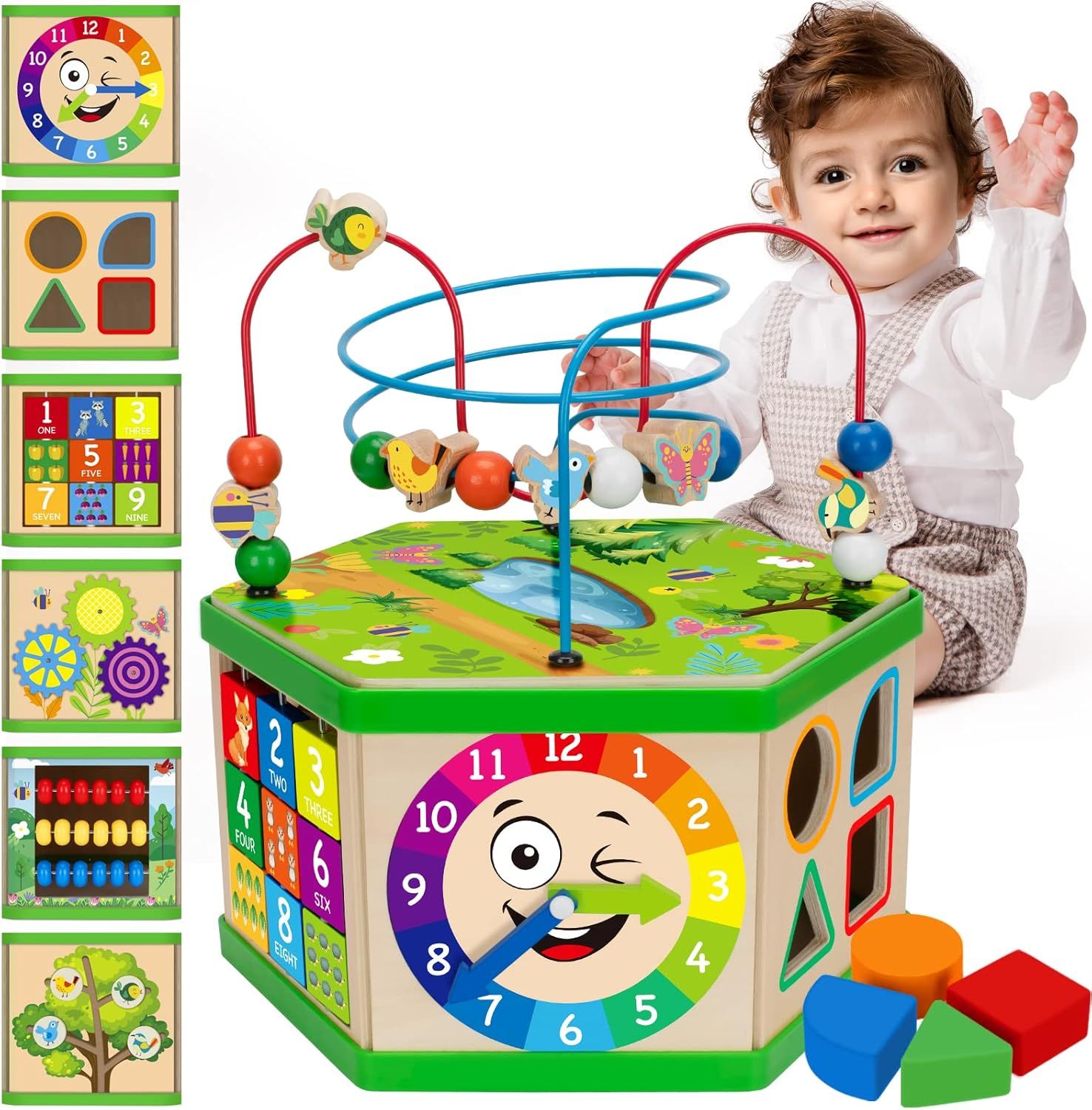 Wooden Activity Cube for 1 Year old, 12-18 Month Boys &amp; Girls, 7-in-1 STEM Montessori Early Developmental Learning Toys for Kids Aged 1-2, Ideal 1st Birthday Gift Toys for Baby, Toddlers (Green)