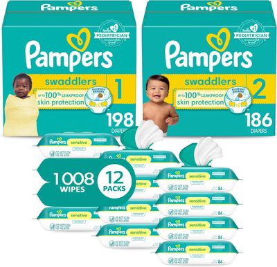 Pampers Baby Diapers and Wipes Starter Kit, Swaddlers Disposable Sizes 1 (198 Count) &amp; 2 (186 Count) with Sensitive Water Based 12X Multi Pack Pop-Top Refill (1008 Count)