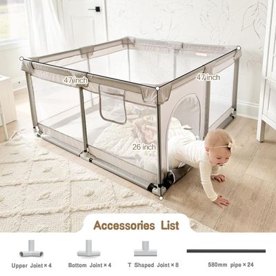 Baby Playpen ,Playpen, Playpen for Babies and Toddlers, Play Pen for Kids, Play Pens for Babies and Toddlers for Apartment (47*47 inch Grey with mat)