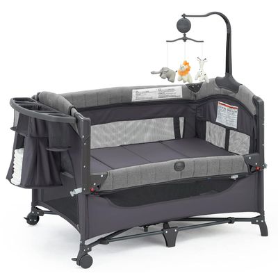 Baby Bassinet Bedside Bassinet Sleeper, 5-in-1 Pack and Play with Full-Size Bassinet,Baby Playard with Changing Table,Storage Shelf,Music Mobile with Soft Toys for Newborn to Toddlers (Grey)