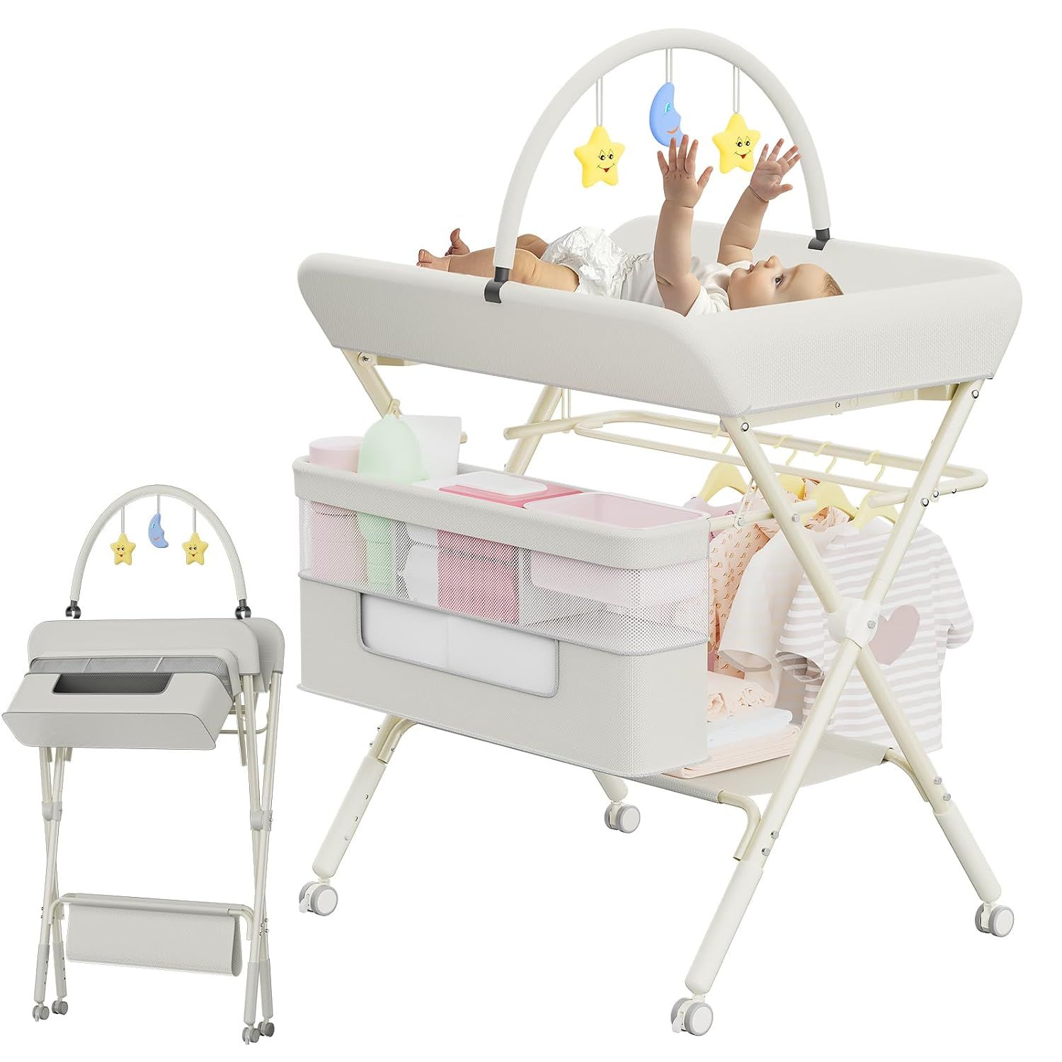Baby Changing Table, Portable Diaper Changing Table Station, Portable Foldable Changing Table for Baby, Adjustable Height Folding Changing Table with Nursery Organizer Storage Rack