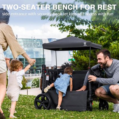 EVER ADVANCED Side-unzip Wagon Stroller for 2 Kids, Push Pull Stroller with Adjustable Handle, Easy Access Front Zipper Door, 5-Point Harness Removable UV-Protection Canopy Shock-Absorbing Wheels,Grey