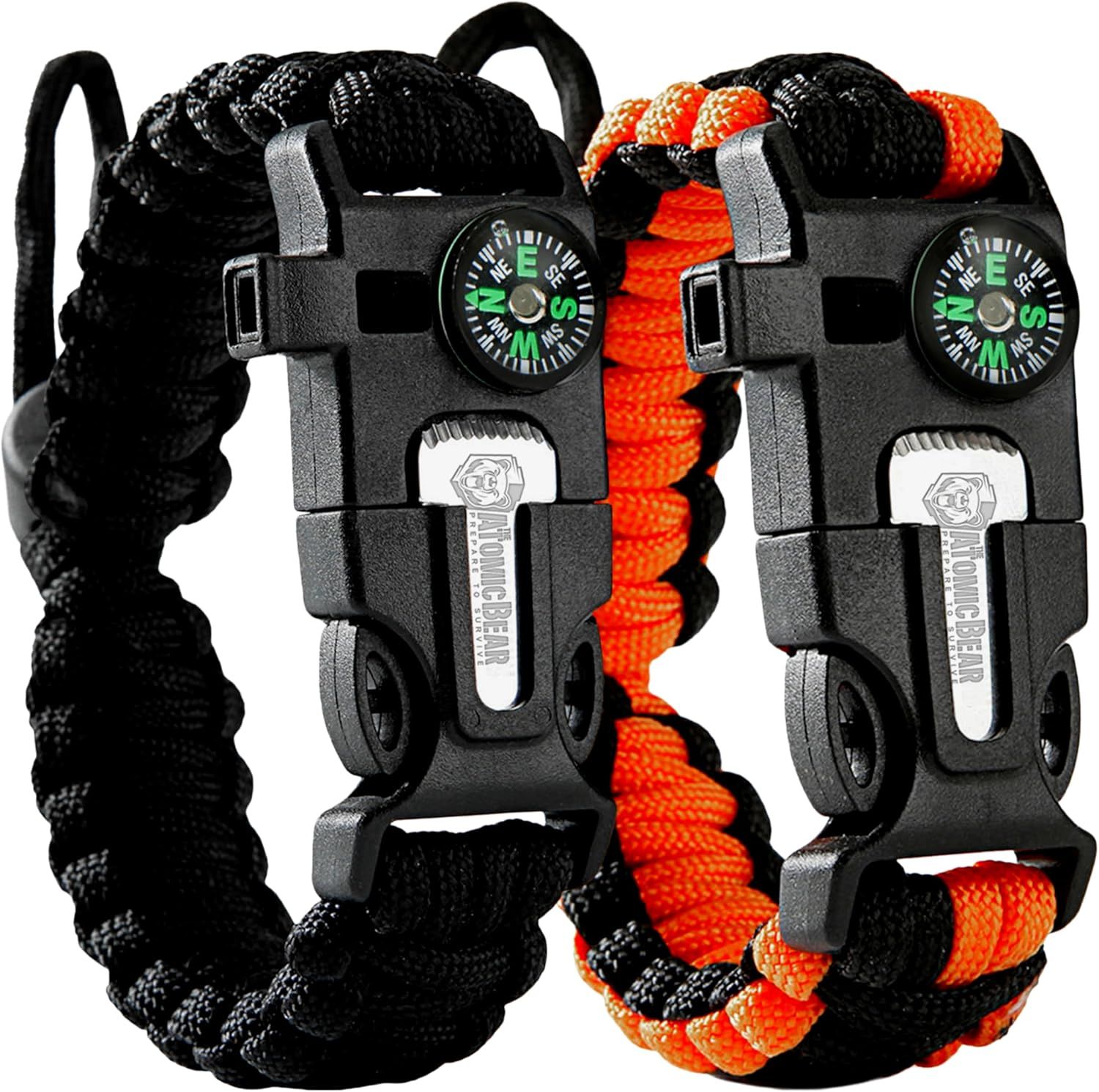 Atomic Bear Paracord Bracelet (2 Pack) - Adjustable - Fire Starter - Loud Whistle - Perfect for Hiking, Camping, Fishing and Hunting - Black &amp; Black+Orange