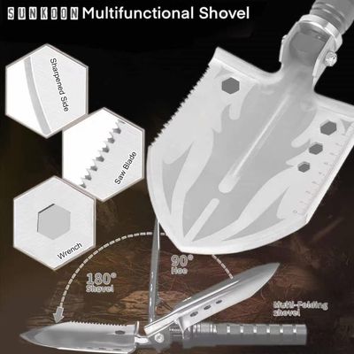 Survival Shovel Hatchet Axe, Camping Folding Shovels with High Carbon Steel Lengthened Handle Enlarged Shovelhead with Multimool Flashlight Pruning Shears Storage Pouch Gifts for Men