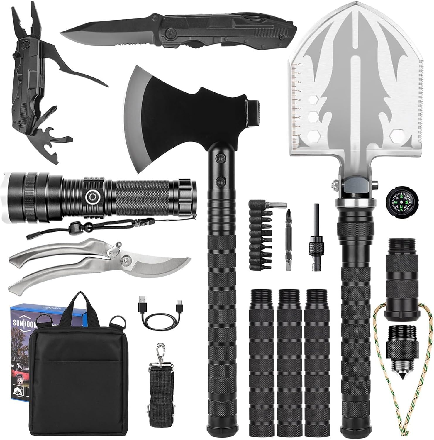 Survival Shovel Hatchet Axe, Camping Folding Shovels with High Carbon Steel Lengthened Handle Enlarged Shovelhead with Multimool Flashlight Pruning Shears Storage Pouch Gifts for Men