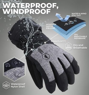 Tough Outdoors Ski Gloves - Snow Gloves for Men &amp; Women - Men's Winter Gloves - Women's Waterproof Gloves - Warm Skiing Gloves - Insulated Snowboarding Gloves - Thermal Snowboard Gloves