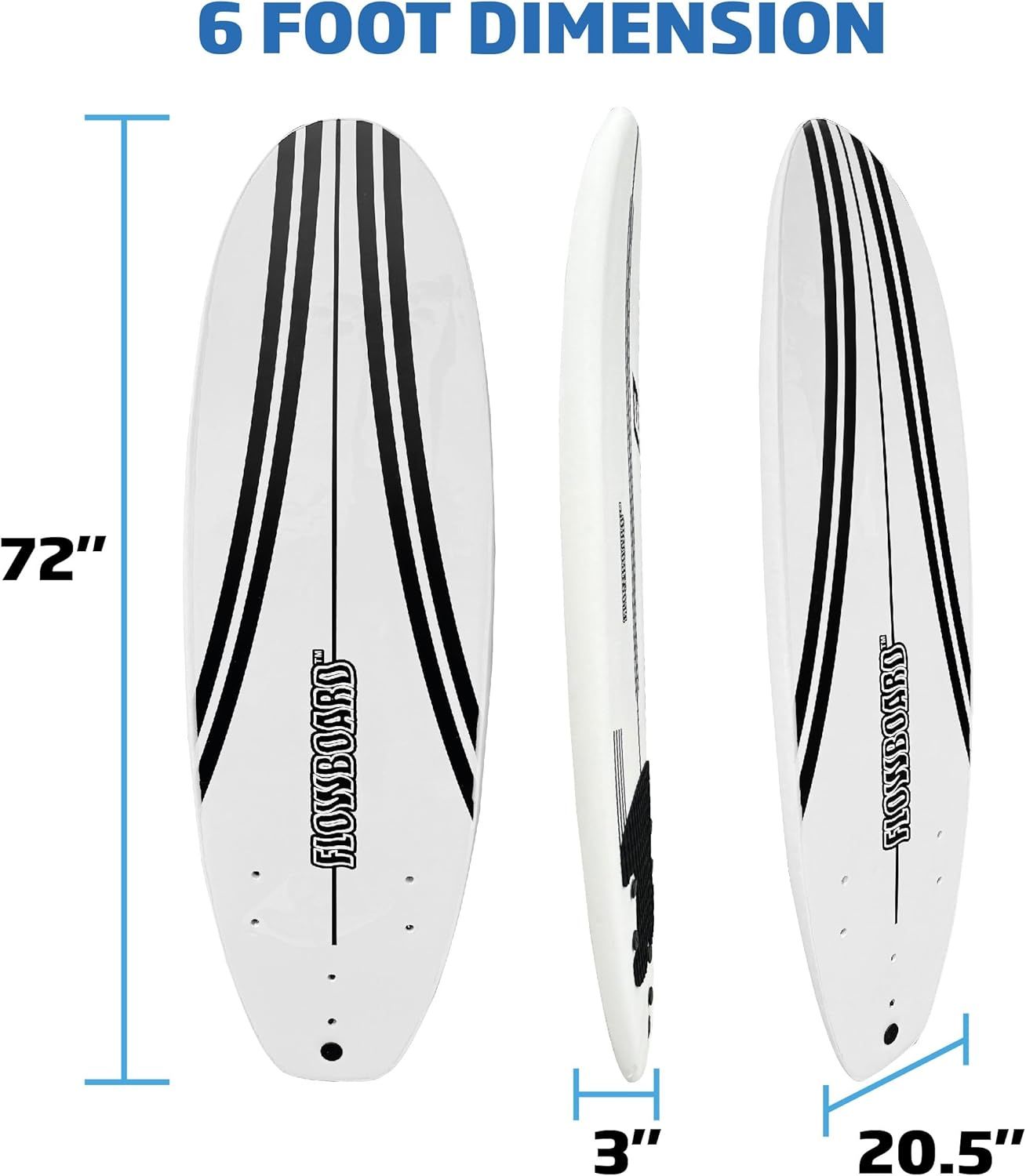 FLOWBOARD Surfboard Softboard Foam 6’ and 7’ and 8&#39; - includes (3) Fins 6 Foot Long Leash and (2) Wood Stringers - Kids &amp; Adults - Beginner to Intermediate - Comes with High Performance Traction Pad