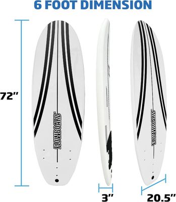 FLOWBOARD Surfboard Softboard Foam 6’ and 7’ and 8&#39; - includes (3) Fins 6 Foot Long Leash and (2) Wood Stringers - Kids &amp; Adults - Beginner to Intermediate - Comes with High Performance Traction Pad