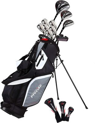 Precise M5 Men&#39;s Complete Golf Clubs Package Set Includes Titanium Driver, S.S. Fairway, S.S. Hybrid, S.S. 5-PW Irons, Putter, Stand Bag, 3 H/C&#39;s
