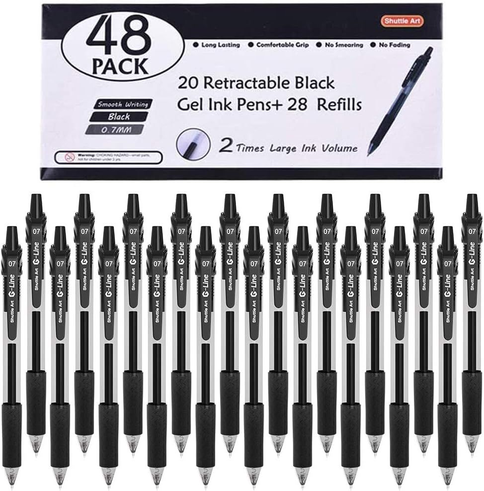 Shuttle Art Black Gel Pens, 48 Pack(20 Pens with 28 Refills) Retractable Medium Point Rollerball Gel Ink Pens Smooth Writing with Comfortable Grip for Office School Home Work