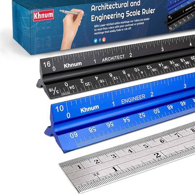 12-Inch Architectural and Engineering Scale Ruler Set (Imperial) | Laser-Etched Aluminum Triangular Drafting Tool | for Architect and Civil Engineer Blueprints | Standard Metal Ruler Included