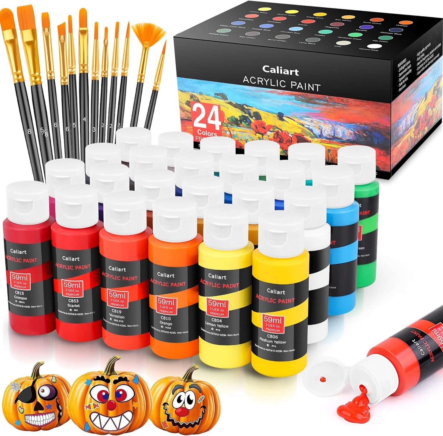 Caliart Acrylic Paint Set With 12 Brushes, 24 Colors (59ml, 2oz) Art Craft Paints Gifts for Artists Kids Beginners &amp; Painters, Halloween Pumpkin Canvas Ceramic Rock Painting Kit Art Supplies