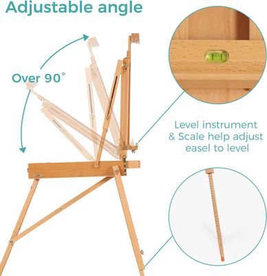 VISWIN French Easel, Hold Canvas up to 34", Beech Wood Adjustable Foldable Studio &amp; Field Sketchbox Easel with Drawer, Palette, Level Instrument &amp; Scale Leg, Portable Tabletop &amp; Floor Painting Easel