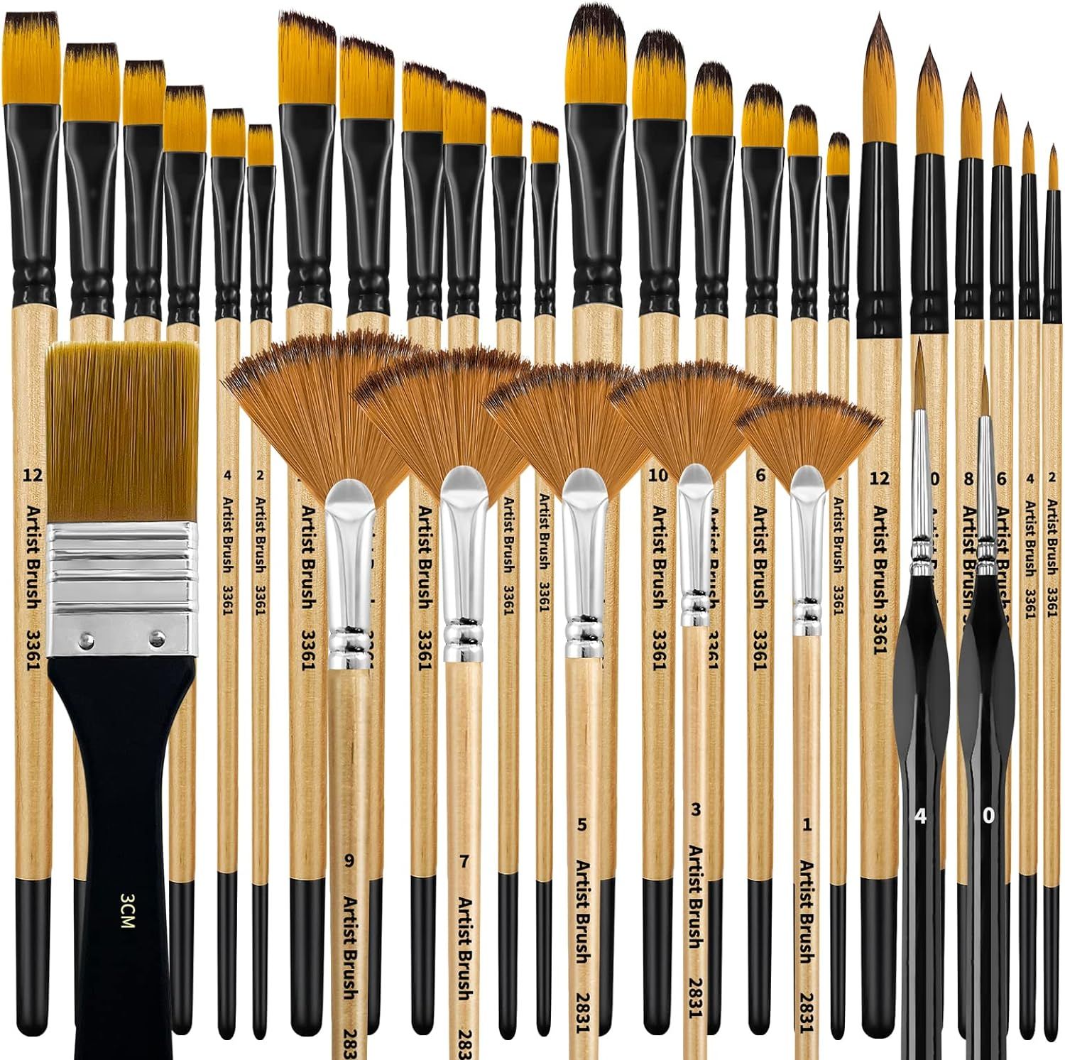 Bougimal 32 Pieces Paint Brush Set, Artist Series, Nylon Bristles with Round, Filbert, Flat, Fan, Angle, Detail Brush, Suitable for Artists and Beginners for Acrylic Painting, Oil, Watercolor, Gouache