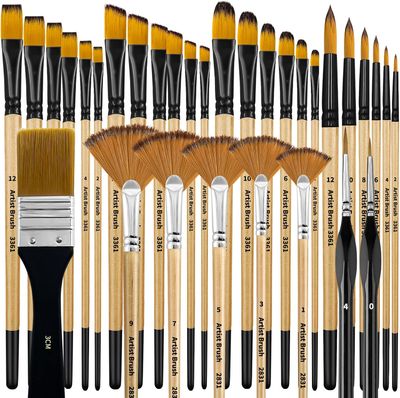 Bougimal 32 Pieces Paint Brush Set, Artist Series, Nylon Bristles with Round, Filbert, Flat, Fan, Angle, Detail Brush, Suitable for Artists and Beginners for Acrylic Painting, Oil, Watercolor, Gouache