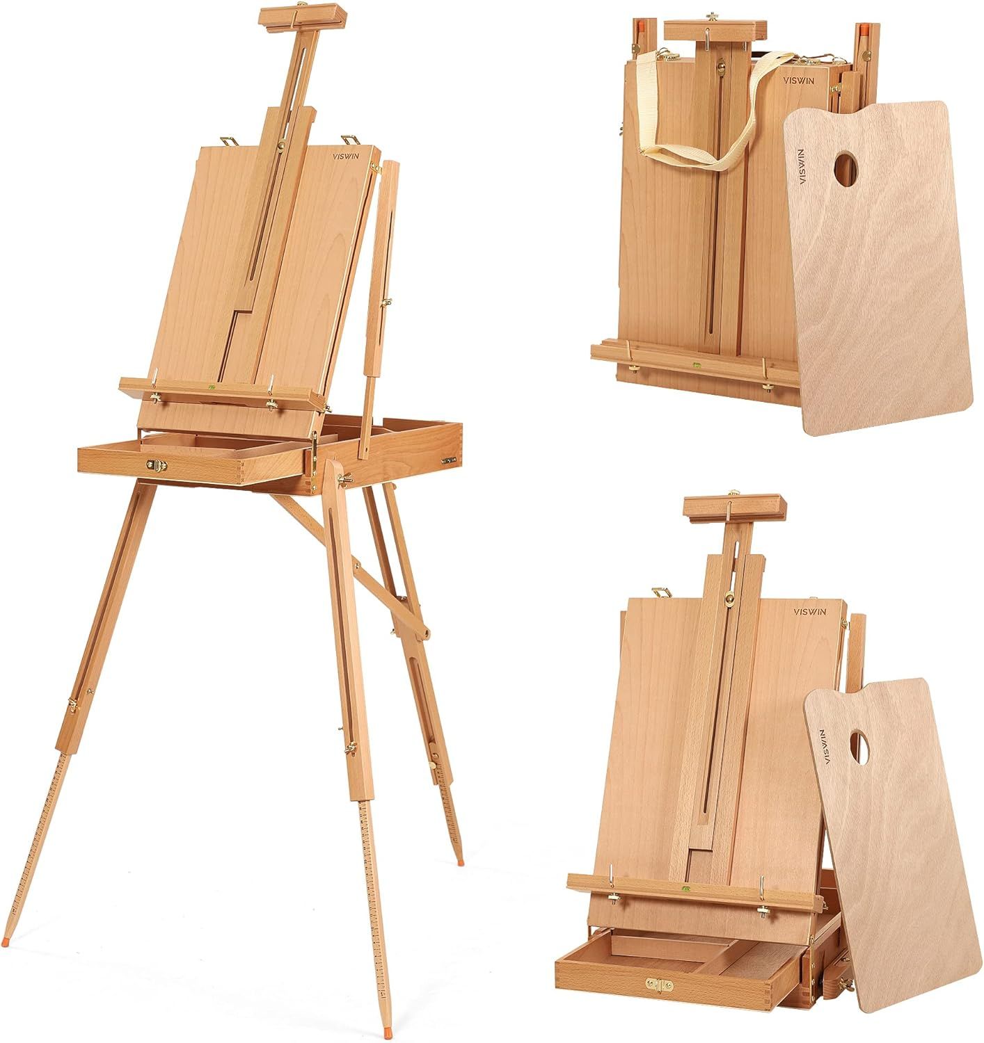 VISWIN French Easel, Hold Canvas up to 34&quot;, Beech Wood Adjustable Foldable Studio &amp; Field Sketchbox Easel with Drawer, Palette, Level Instrument &amp; Scale Leg, Portable Tabletop &amp; Floor Painting Easel