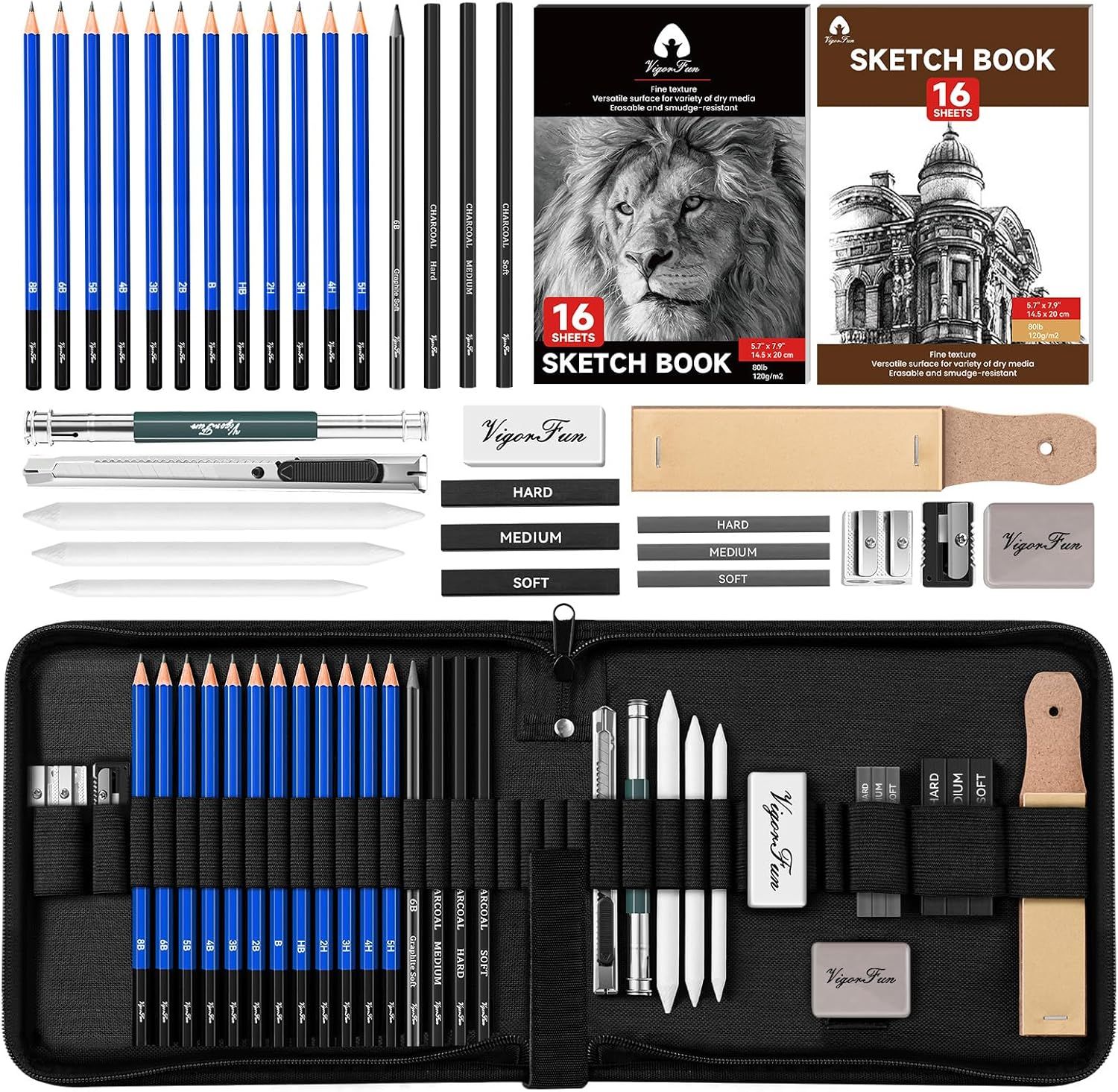 Art Supplies, Sketching &amp; Drawing Pencils Art Kit with 2 Sketch Pads , Professional Artists Drawing Supplies Set Includes Graphite, Charcoals, Kneaded Eraser for Kids, Teens and Adults (35 Pieces)
