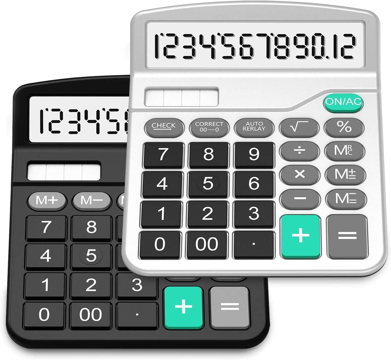 Calculator, Splaks 2 Pack Standard Functional Desktop Calculators Solar and AA Battery Dual Power Electronic Office Calculators with 12-Digit Large Display (1 Basic Black&amp;1 Updated Silver)