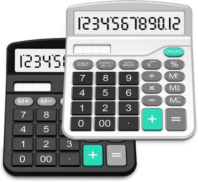 Calculator, Splaks 2 Pack Standard Functional Desktop Calculators Solar and AA Battery Dual Power Electronic Office Calculators with 12-Digit Large Display (1 Basic Black&amp;1 Updated Silver)
