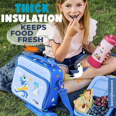 Bentoheaven Insulated Lunch Bag for Kids, Girls &amp; Boys - Large Size Fits Bento Lunch Box, Water Bottle &amp; Snacks - Durable, Easy to Clean, Leakproof - Adjustable Shoulder Strap, Zipper Pockets (Blue)
