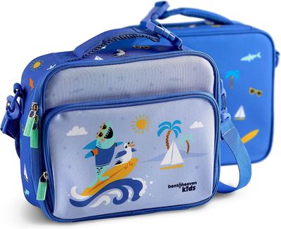 Bentoheaven Insulated Lunch Bag for Kids, Girls &amp; Boys - Large Size Fits Bento Lunch Box, Water Bottle &amp; Snacks - Durable, Easy to Clean, Leakproof - Adjustable Shoulder Strap, Zipper Pockets (Blue)