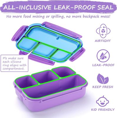 QQKO Bento Lunch Box with 4 Compartments, Sauce Container, Utensils, Food Picks and Muffin Cups for School - Purple