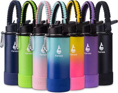 Farsea Insulated Water Bottle With Paracord Handle, Protective Boot and 2 Lids (Straw Lid &amp; Spout Lid), Stainless Steel Water Bottle Wide Mouth, Double Wall Sweat-Proof BPA-Free, 18 oz