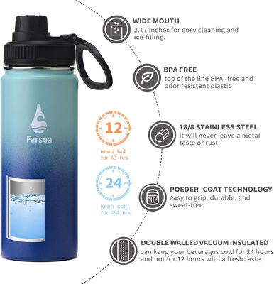 Farsea Insulated Water Bottle With Paracord Handle, Protective Boot and 2 Lids (Straw Lid &amp; Spout Lid), Stainless Steel Water Bottle Wide Mouth, Double Wall Sweat-Proof BPA-Free, 18 oz