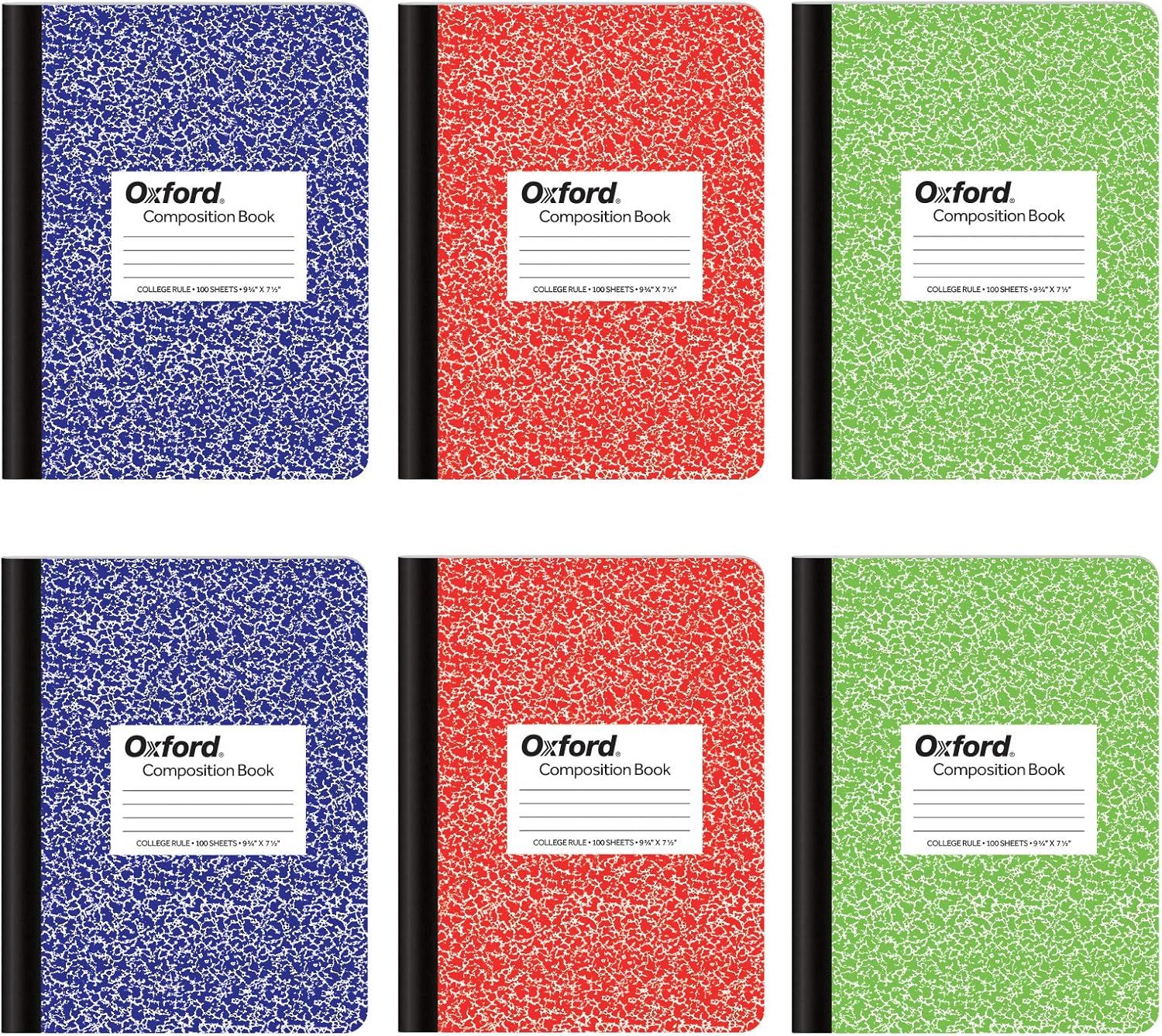 Oxford Composition Notebook 6 Pack, College Ruled Paper, 9-3/4 x 7-1/2 Inches, 100 Sheets, Assorted Marble Covers. 2 Each: Blue, Green, Red (63763)