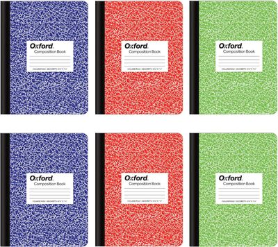 Oxford Composition Notebook 6 Pack, College Ruled Paper, 9-3/4 x 7-1/2 Inches, 100 Sheets, Assorted Marble Covers. 2 Each: Blue, Green, Red (63763)