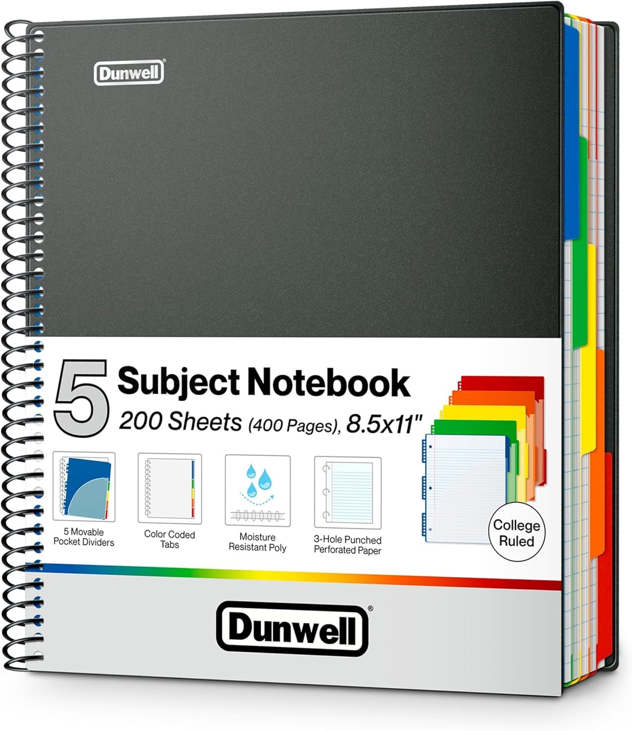 Dunwell 5-Subject Notebook College Ruled 8.5 x 11, 200 Sheets (400 Pages), Spiral Notebook 8.5x11 with Tabs, Movable Pocket Dividers, Front/Back Plastic Covers, Multi Subject Notebook