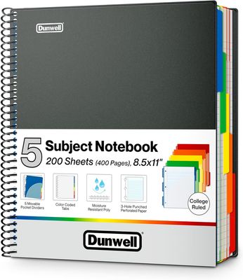 Dunwell 5-Subject Notebook College Ruled 8.5 x 11, 200 Sheets (400 Pages), Spiral Notebook 8.5x11 with Tabs, Movable Pocket Dividers, Front/Back Plastic Covers, Multi Subject Notebook