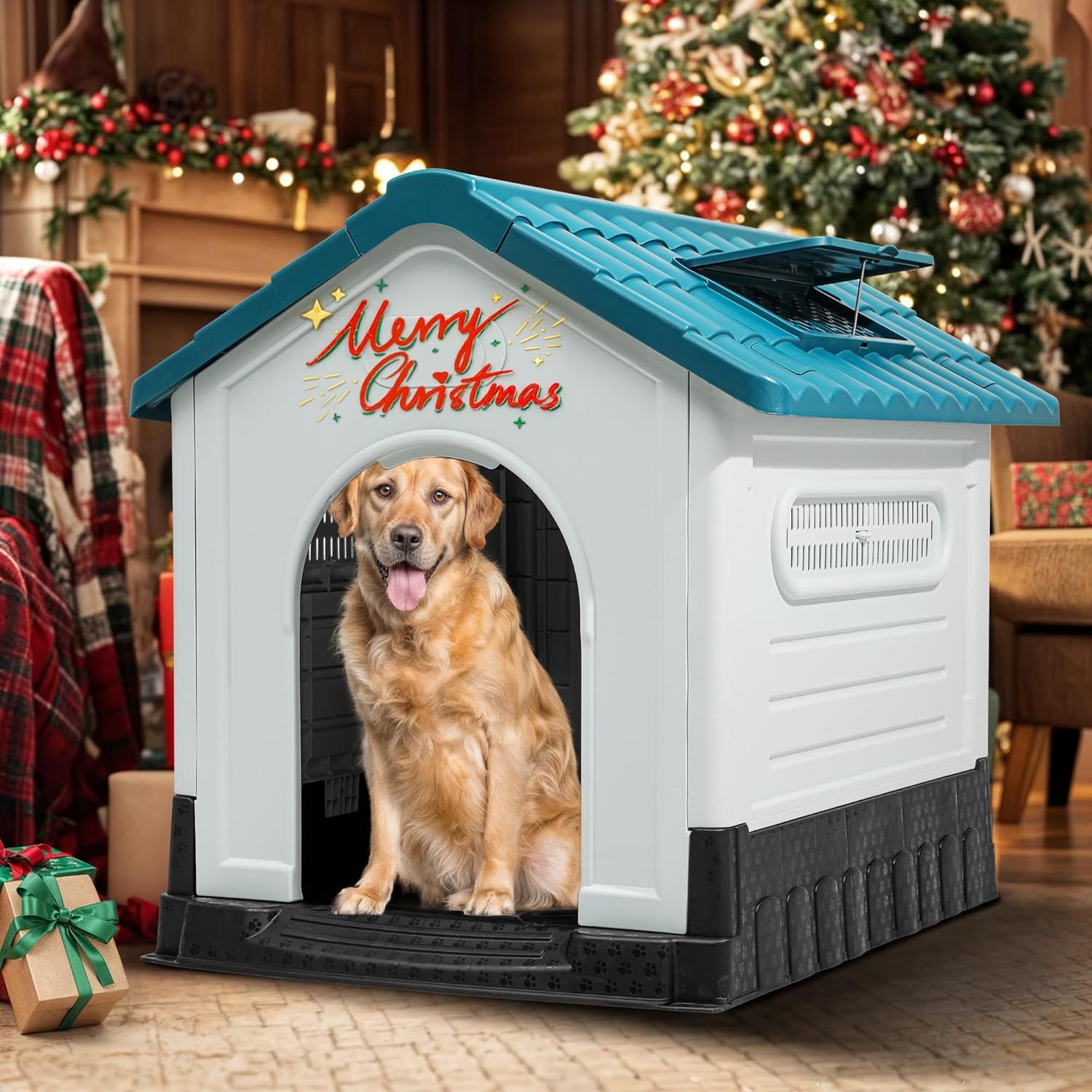 YITAHOME 41.3&#39;&#39; Folding Large Dog House Outdoor Plastic Doghouse with Adjustable Skylight and Elevated Base Water Resistant Pet House for Small, Medium, and Large Dogs (41.3&#39;&#39;L*34.6&#39;&#39;W*39&#39;&#39;H)