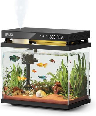 Fish Tank Smart Aquarium Kit: 2 Gal UHD Glass Silent Water Pump Self Cleaning System Temperature Monitoring Essential Oil Diffuser with Humidifier 7 Color Lights Multi-Layer Filtration System Black