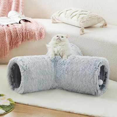Tempcore Plush Pet Cat Tunnel Tube Cat Toys 3 Way Collapsible, Cat Tunnels for Indoor Cats，Kitty Tunnel Bored Cat Pet Toys Peek Hole Toy Ball Cat, Puppy, Kitty, Kitten, Rabbit Light Grey