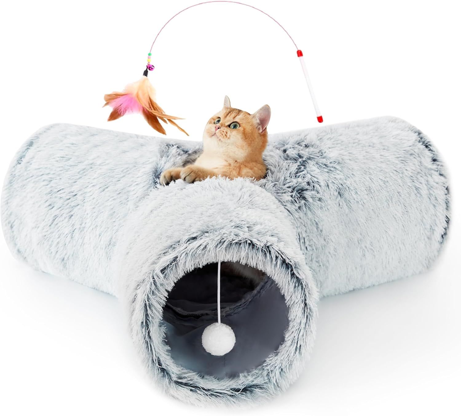 Tempcore Plush Pet Cat Tunnel Tube Cat Toys 3 Way Collapsible, Cat Tunnels for Indoor Cats，Kitty Tunnel Bored Cat Pet Toys Peek Hole Toy Ball Cat, Puppy, Kitty, Kitten, Rabbit Light Grey