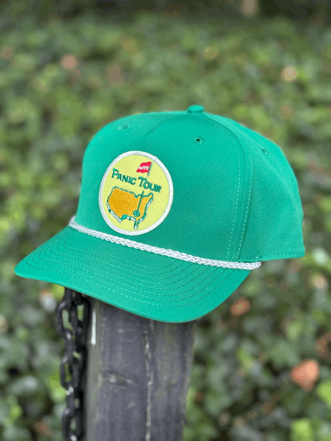 Richardson rope hat with round Panic Tour custom patch