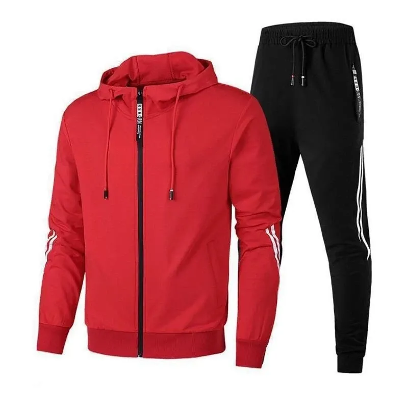 Men Hoodied Striped Tracksuit Red+Black