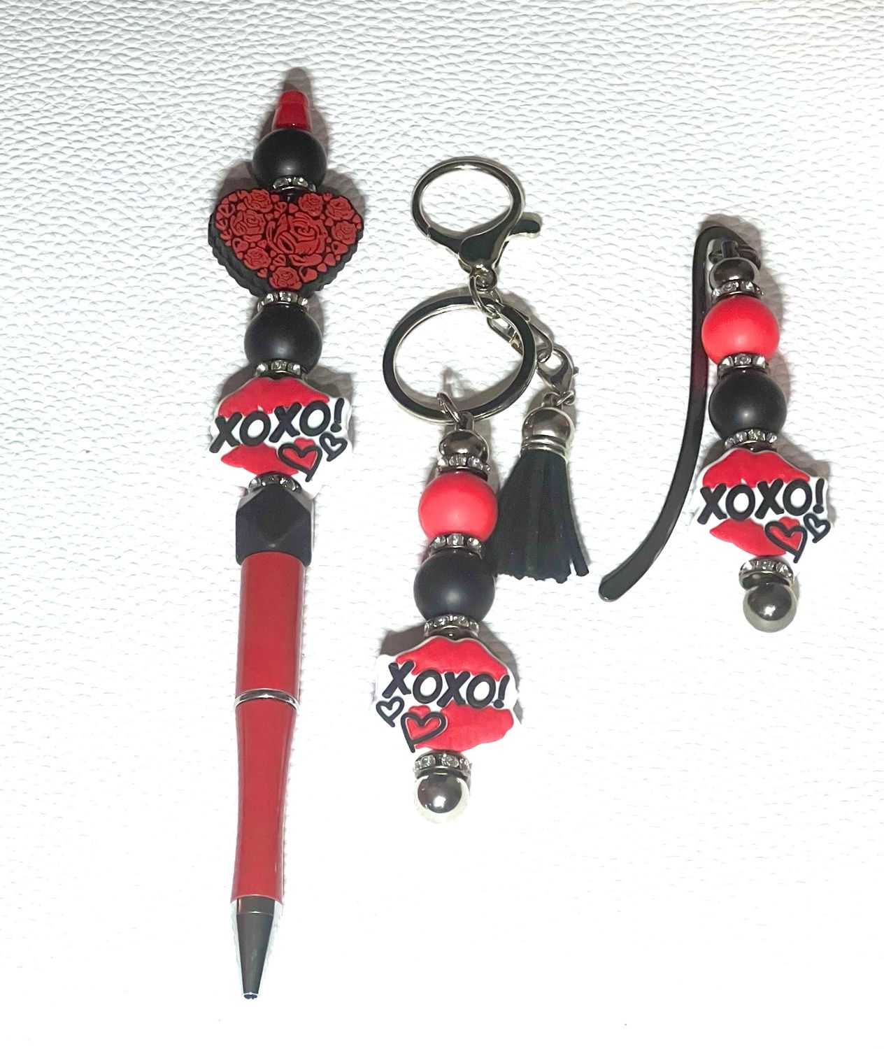 Valentines Day SET!  Beaded Pen, Keychain, and Bookmark! 