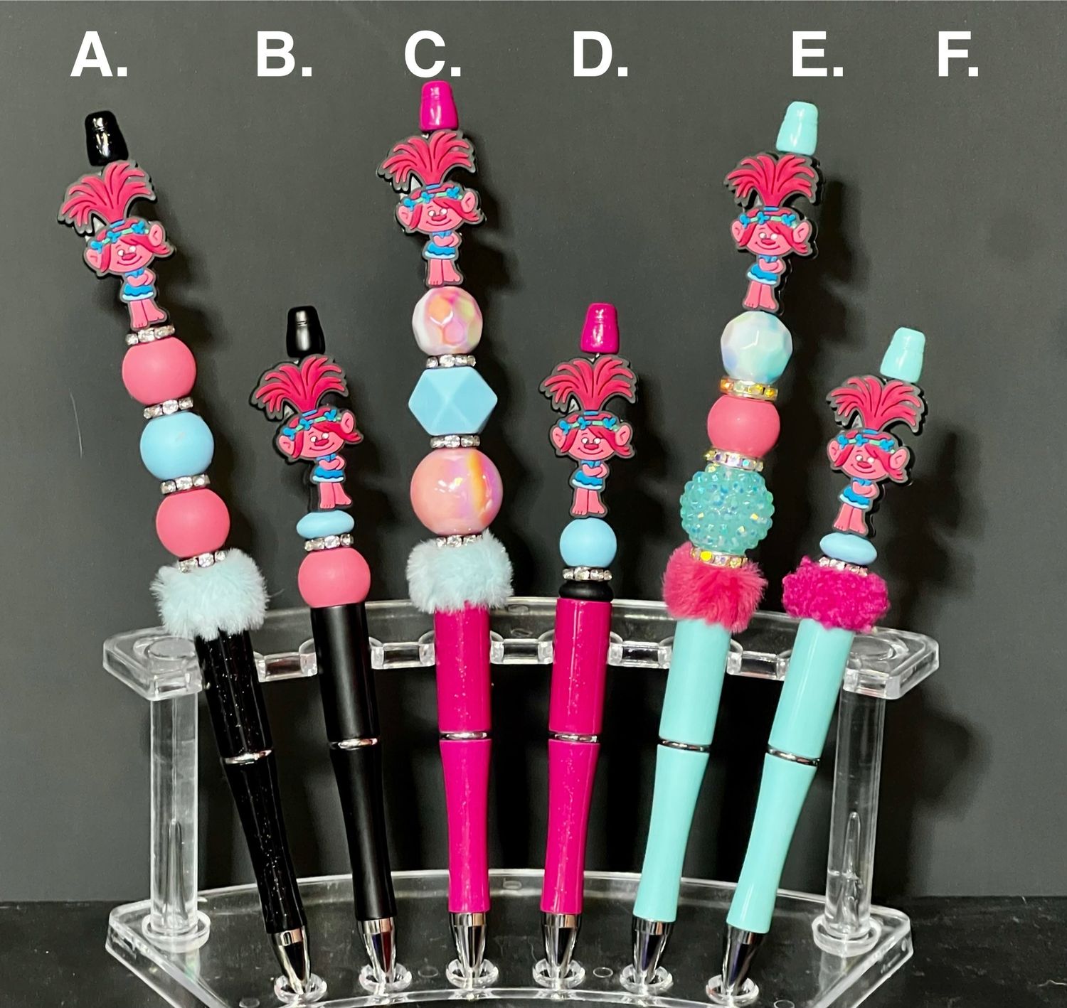 Beaded Pens - Pink Troll, Teal Troll, and Pepe Le pew!!  $4 Short or $6 Tall
