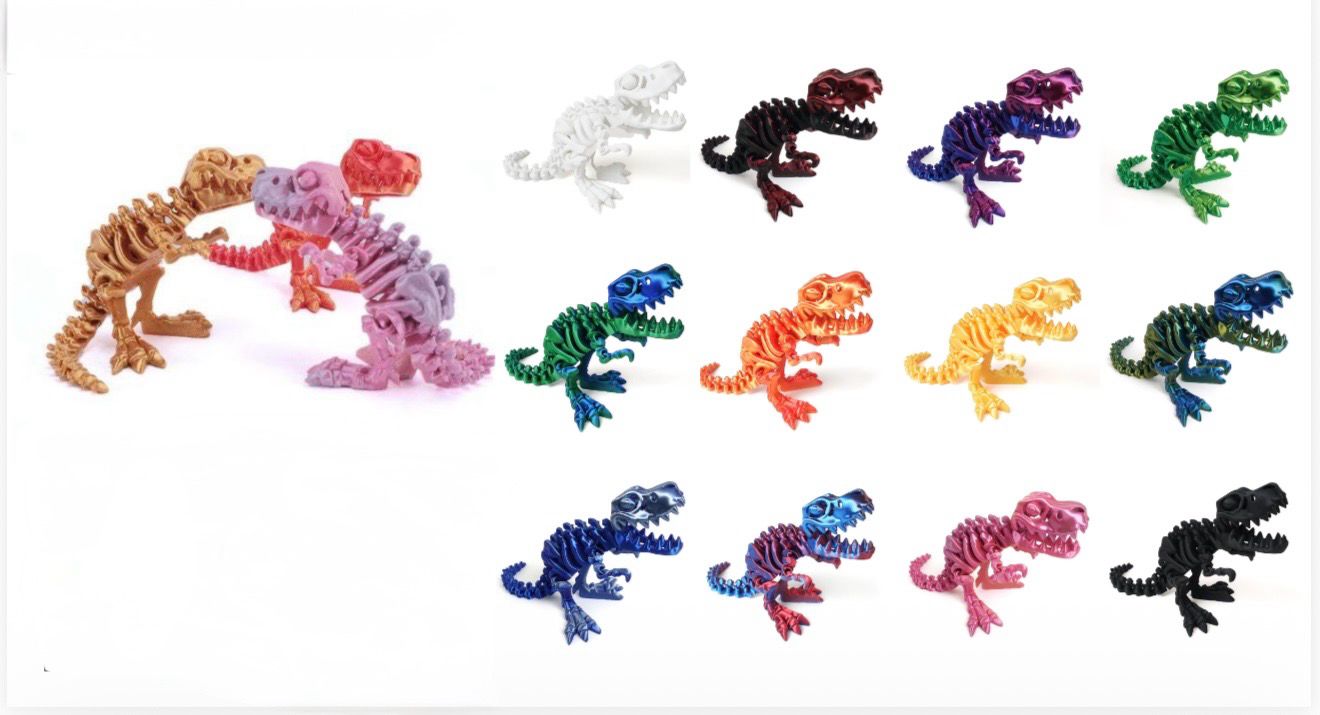 Articulated 3D Printed Skeleton T-Rex – Flexible Dinosaur Fossil Toy – Metallic Color Options