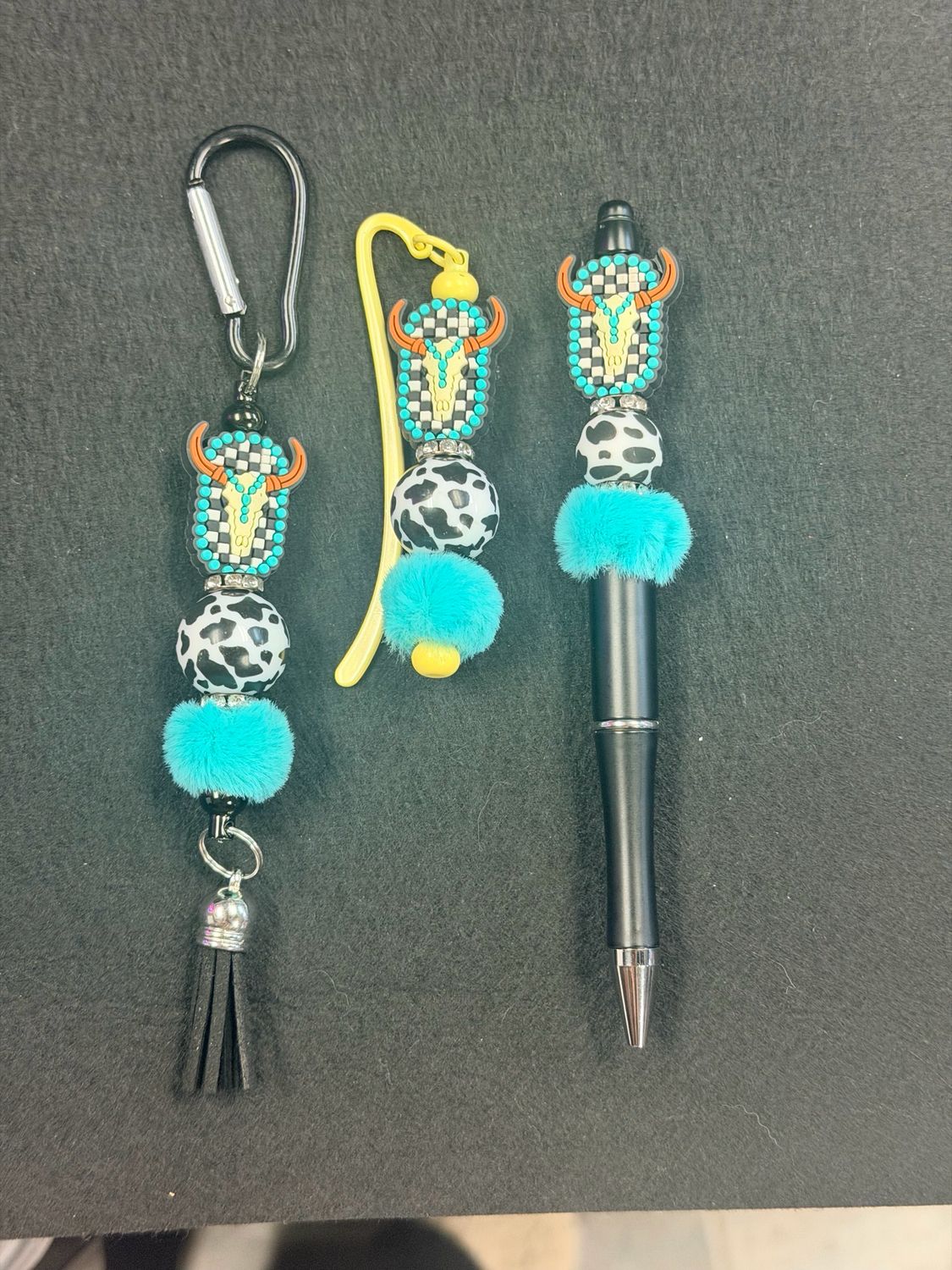 Turquoise Cowgirl Charm Set – Beaded Pen, Bookmark &amp; Keychain | Western Skull &amp; Cow Print Accessories