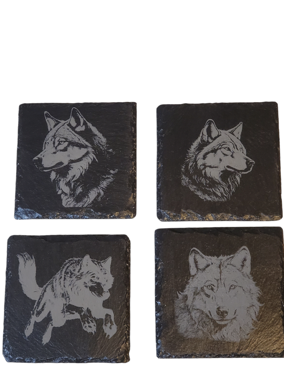 Engraved Wolf Slate Coasters - Non-Slip Surface for Your Drinks - Eco-Friendly Tableware QTY 4 Slate coasters